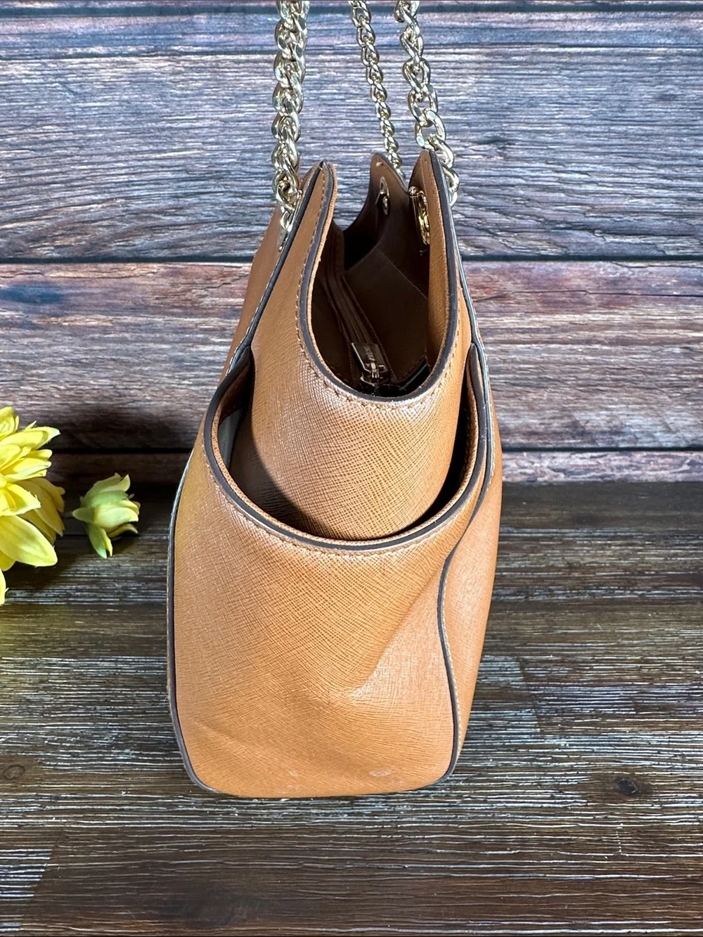 Michael Kors Cognac Leather Shoulder Bag with Gold Chain